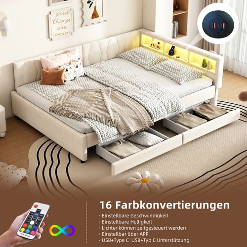 Lit Banquette 140x200 Cm Avec Tiroirs, LED, Ports USB-c Et Rangements, Beige