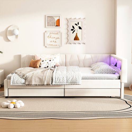 Lit Banquette 140x200 Cm Avec Tiroirs, LED, Ports USB-c Et Rangements, Beige