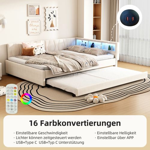 Lit Gigogne 140x200 Cm Beige Avec Tiroir, LED, USB Et Étagères Intégrées