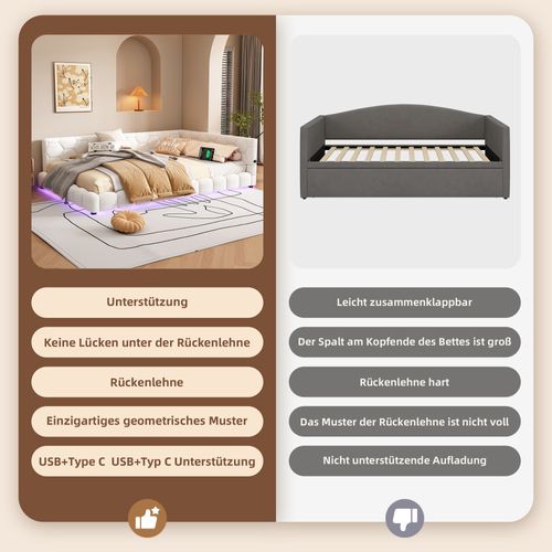 Lit Banquette 140x200 Cm En Flanelle Blanche Avec LED 16 Couleurs Et Ports USB-c