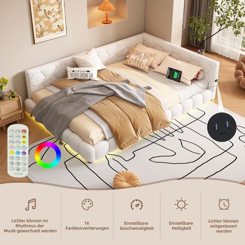 Lit Banquette 140x200 Cm En Flanelle Blanche Avec LED 16 Couleurs Et Ports USB-c