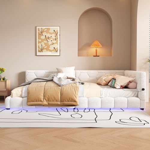 Lit Banquette 140x200 Cm En Flanelle Blanche Avec LED 16 Couleurs Et Ports USB-c