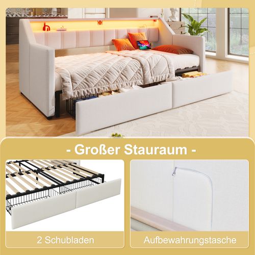 Canapé-lit 90x200 Cm Avec LED, 2 Tiroirs, Ports USB Et Type-c, Lit Gigogne Beige
