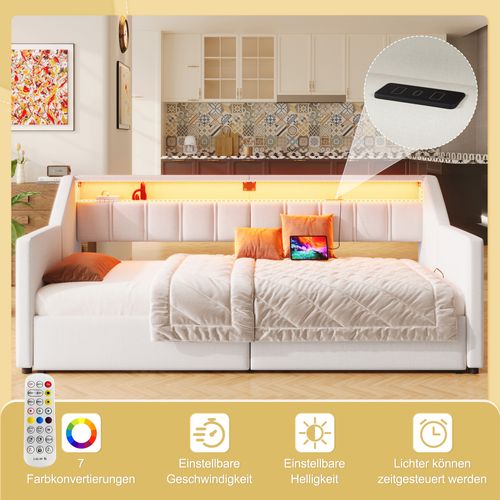 Canapé-lit 90x200 Cm Avec LED, 2 Tiroirs, Ports USB Et Type-c, Lit Gigogne Beige