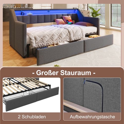 Canapé-lit 90x200 Cm Avec LED, 2 Tiroirs, Ports USB Et Type-c, Lit Gigogne Gris