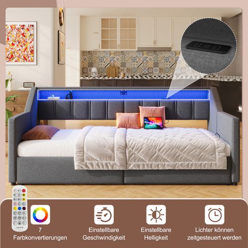 Canapé-lit 90x200 Cm Avec LED, 2 Tiroirs, Ports USB Et Type-c, Lit Gigogne Gris