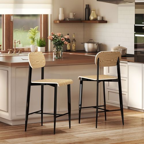 Tabourets De Bar X2 Style Industriel, Bois Naturel Et Métal Noir, H66 Cm Avec Repose-pieds