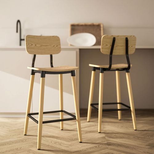 Lot De 2 Tabourets De Bar En Bois Clair Avec Dossier Et Repose-pieds