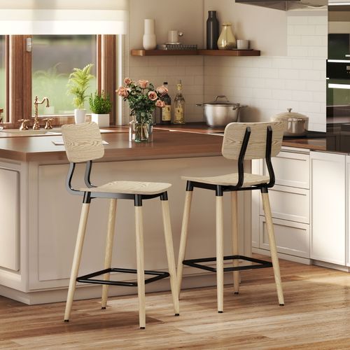 Lot De 2 Tabourets De Bar En Bois Clair Avec Dossier Et Repose-pieds