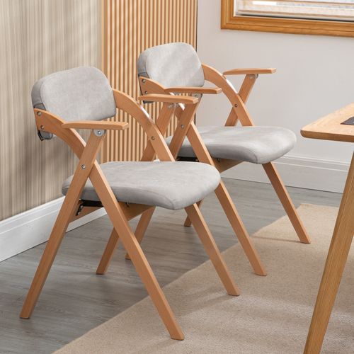 Lot De 2 Chaises Pliantes En Bois Avec Accoudoirs Et Assise Rembourrée, Gris