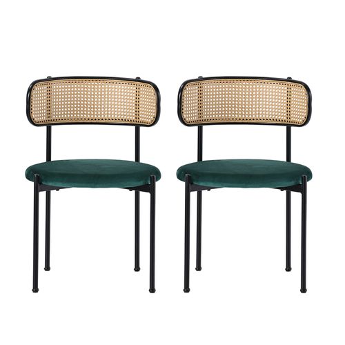 Lot De 6 Chaises En Velours Vert Avec Dossier En Rotin Et Pieds En Métal