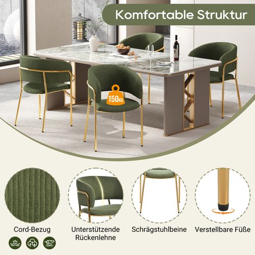 Lot De 4 Chaises Modernes Vert En Tissu Côtelé Avec Pieds Inclinés Réglables