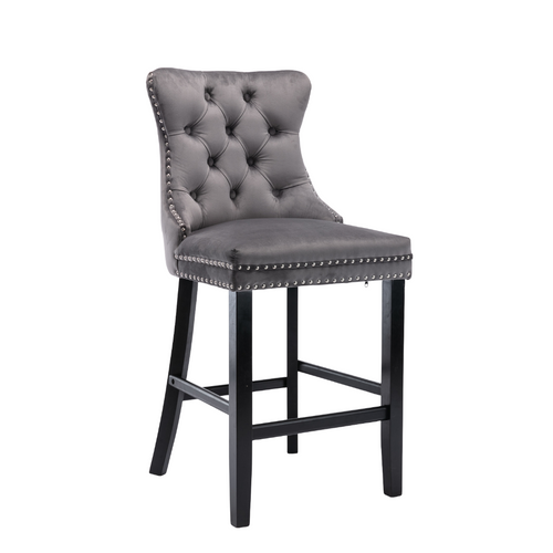Lot De 2 Tabourets De Bar En Velours Gris Avec Dossier Haut, Pieds Bois Et Clous Décoratifs