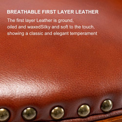 Tabouret De Bar Pivotant 360° En Cuir Vachette Et Bois 75 Cm, Dossier Courbé, Marron