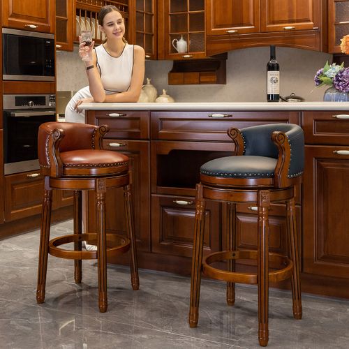 Tabouret De Bar Pivotant 360° En Cuir Vachette Et Bois 75 Cm, Dossier Courbé, Marron