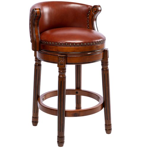 Tabouret De Bar Pivotant 360° En Cuir Vachette Et Bois 65 Cm, Dossier Courbé, Marron
