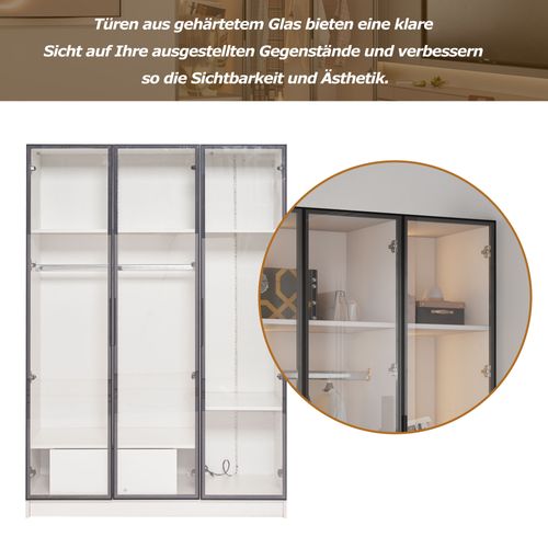 Armoire Blanche 3 Portes Vitrées Avec LED, Tiroir Et Penderie 110x50x160 Cm