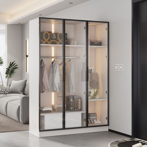 Armoire Blanche 3 Portes Vitrées Avec LED, Tiroir Et Penderie 110x50x160 Cm