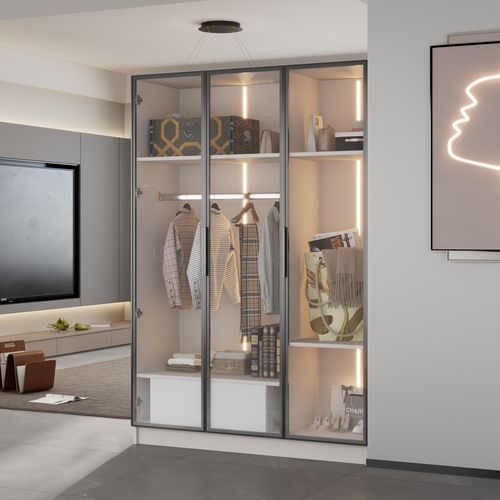 Armoire Blanche 3 Portes Vitrées Avec LED, Tiroir Et Penderie 110x50x160 Cm