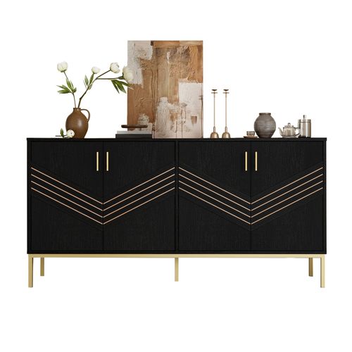 Buffet Noir 4 Portes Avec Poignées Dorées, Design Moderne, 160 Cm