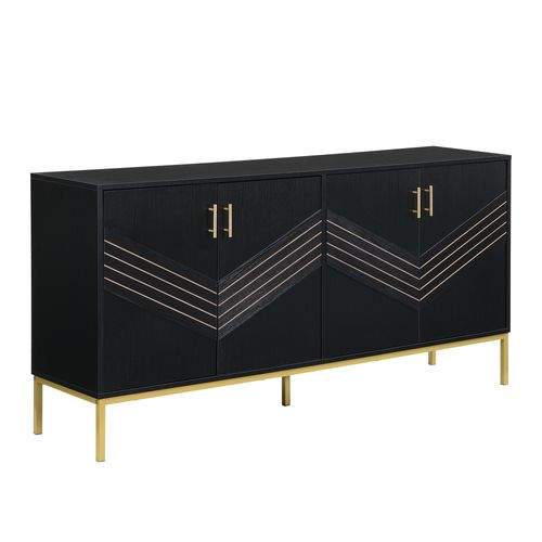 Buffet Noir 4 Portes Avec Poignées Dorées, Design Moderne, 160 Cm