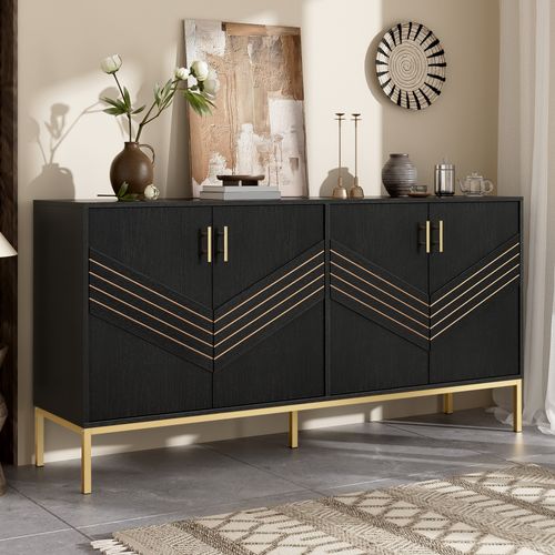 Buffet Noir 4 Portes Avec Poignées Dorées, Design Moderne, 160 Cm