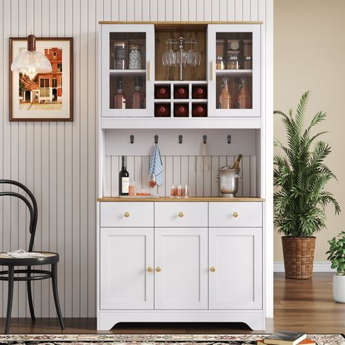 Buffet Haut Blanc Avec Portes Vitrées Et Tiroirs, Style Rustique 175 Cm