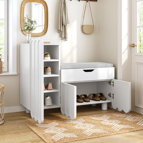 Meuble à Chaussures Blanc 3 Portes Avec Tiroir Et Assise 90×35×74,5 Cm