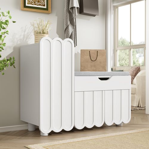 Meuble à Chaussures Blanc 3 Portes Avec Tiroir Et Assise 90×35×74,5 Cm