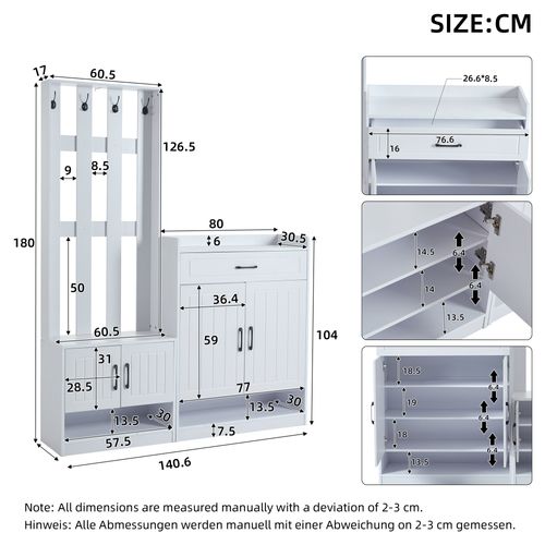 Ensemble Meuble D’entrée Blanc Mat 3-en-1 – Panneau, Banc Et Meuble à Chaussures 140x32x180 Cm