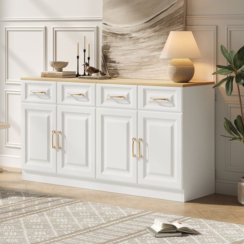 Buffet 140 Cm Style Campagne, 4 Tiroirs, 4 Portes, Bois Blanc, Grand Rangement