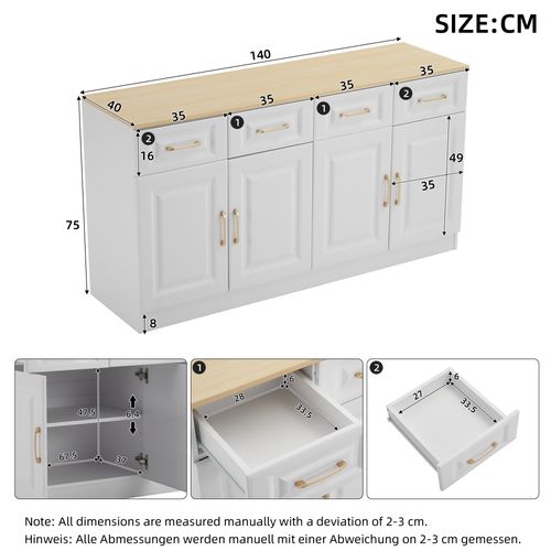 Buffet 140 Cm Style Campagne, 4 Tiroirs, 4 Portes, Bois Blanc, Grand Rangement