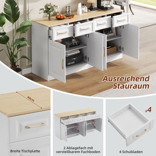 Buffet 140 Cm Style Campagne, 4 Tiroirs, 4 Portes, Bois Blanc, Grand Rangement