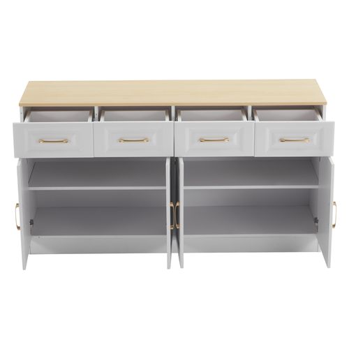 Buffet 140 Cm Style Campagne, 4 Tiroirs, 4 Portes, Bois Blanc, Grand Rangement