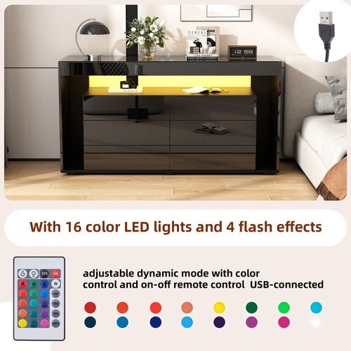 Buffet LED Noir 140 Cm, 6 Tiroirs, Plateau En Verre Trempé, Finition Brillante