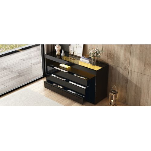 Buffet LED Noir 140 Cm, 6 Tiroirs, Plateau En Verre Trempé, Finition Brillante