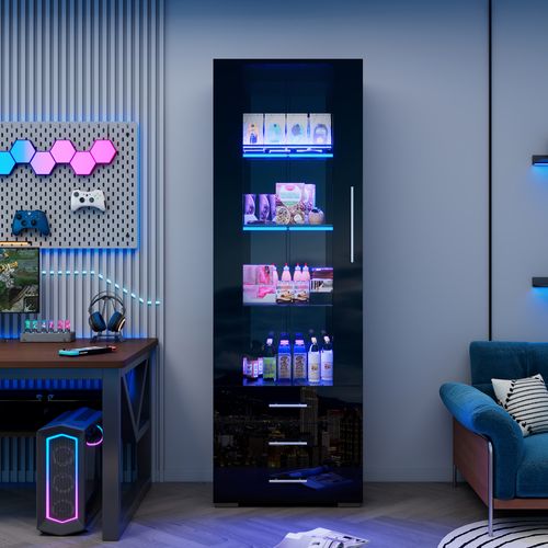 Vitrine Noire 180 Cm Avec LED, 3 Tiroirs, Porte Vitrée, Finition Brillante