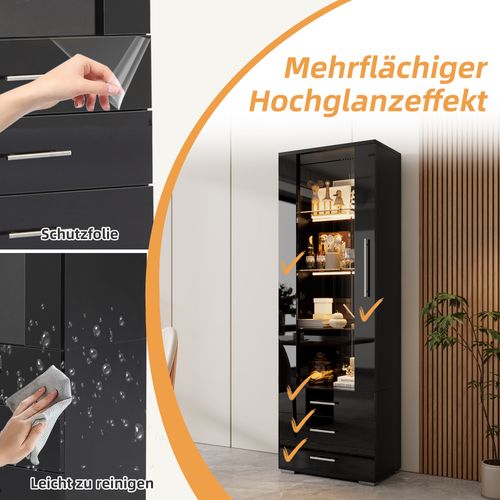 Vitrine Noire 180 Cm Avec LED, 3 Tiroirs, Porte Vitrée, Finition Brillante