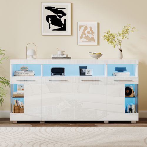 Buffet Bas Blanc Ciment 140 Cm Avec LED, 3 Portes Vitrées, Design Brillant