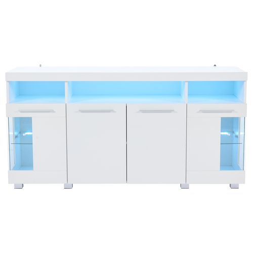 Buffet Bas Blanc Ciment 140 Cm Avec LED, 3 Portes Vitrées, Design Brillant