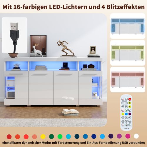 Buffet Bas Blanc Ciment 140 Cm Avec LED, 3 Portes Vitrées, Design Brillant