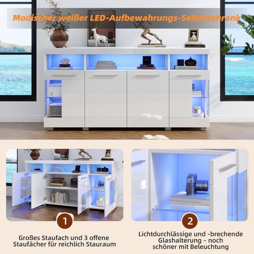 Buffet Bas Blanc Ciment 140 Cm Avec LED, 3 Portes Vitrées, Design Brillant