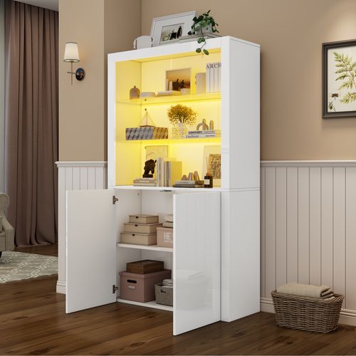 Vitrine Haute Blanche 100 Cm Avec LED, Portes Vitrées, Style Moderne Brillant