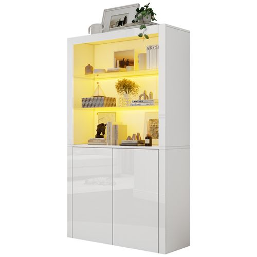 Vitrine Haute Blanche 100 Cm Avec LED, Portes Vitrées, Style Moderne Brillant