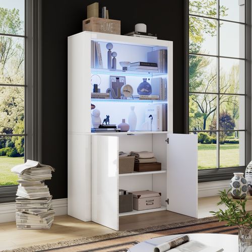 Vitrine Haute Blanche 100 Cm Avec LED, Portes Vitrées, Style Moderne Brillant