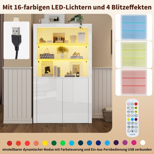 Vitrine Haute Blanche 100 Cm Avec LED, Portes Vitrées, Style Moderne Brillant