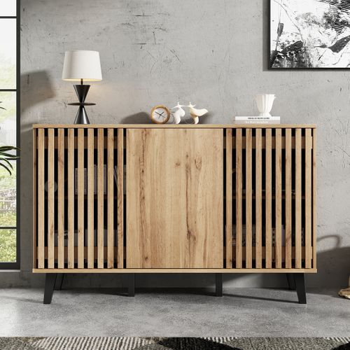 Buffet Large 150 Cm Bois Naturel Avec 3 Portes Et 6 Compartiments, Pieds Noirs