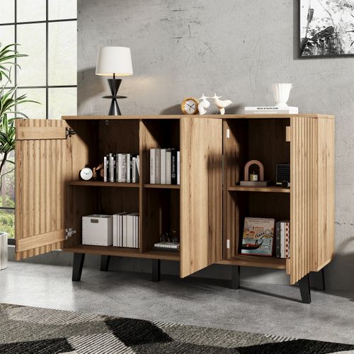 Buffet Large 150 Cm Bois Naturel Avec 3 Portes Et 6 Compartiments, Pieds Noirs