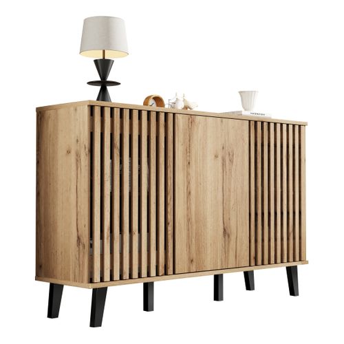 Buffet Large 150 Cm Bois Naturel Avec 3 Portes Et 6 Compartiments, Pieds Noirs