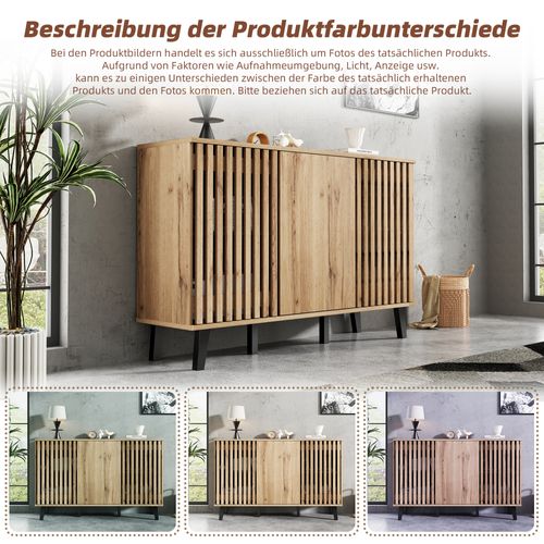 Buffet Large 150 Cm Bois Naturel Avec 3 Portes Et 6 Compartiments, Pieds Noirs